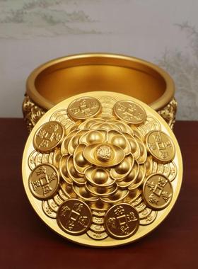 黄铜聚宝盆带盖子香炉金蟾招财玄关摆件居家客厅五路财神聚宝盆铜