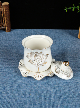 供水杯白浮雕描金莲花供水杯家用佛前供水杯陶瓷供财神观音供水杯