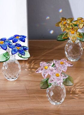 粉紫黄水晶花摆件 办公室家居客厅玄关店铺橱窗装饰花花艺小花瓶