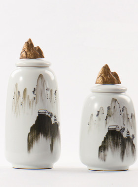 新中式水墨陶瓷罐装饰样板房客厅玄关书房书柜禅意铜山工艺品摆设