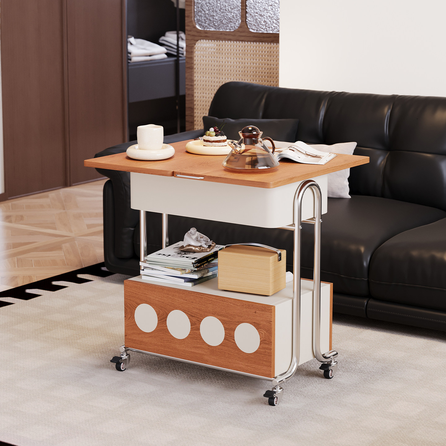 威展实木茶几旋转桌面小户型家用沙发边几可移动简约多功能小推车
