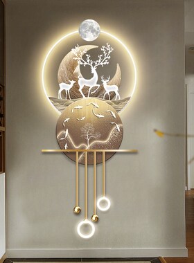 九鱼图新中式入户玄关装饰画山水画高档立体LED壁灯走廊过道挂画