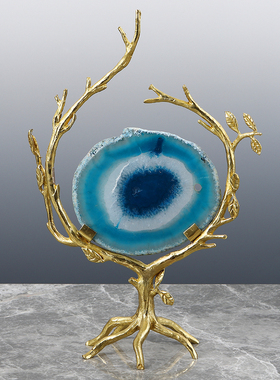 样板房家居摆件天然玛瑙水晶酒店装饰品简约抽象新中式博古架铜树