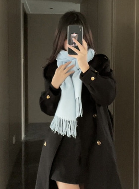 蓝色围巾女生氛围感冬季百搭纯色长仿羊绒流苏披肩围脖scarf优雅