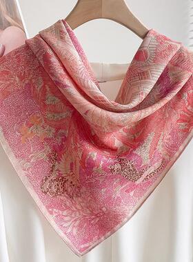 国风小方巾70棉麻蓝色油画荷塘丝巾女士春秋薄款系脖围巾头巾百搭