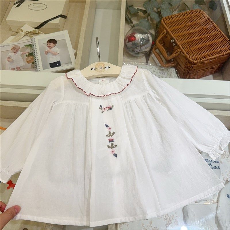 韩国童装 24夏秋女宝儿童洋气翻领刺绣小花长袖衬衣 甜美娃娃衫,淘宝优惠券,粉丝福利购,淘宝优惠卷