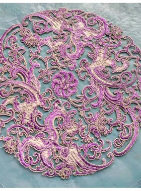 紫色透明欧纱刺绣网纱贵妃团花机绣绣片服装补子