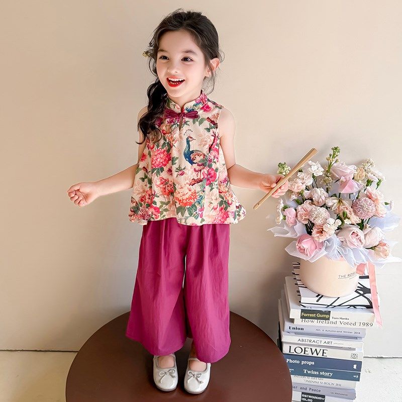 女童新中式国风套装2025夏季新款碎花夏装儿童阔腿裤女宝宝两件套,淘宝优惠券,粉丝福利购,淘宝优惠卷