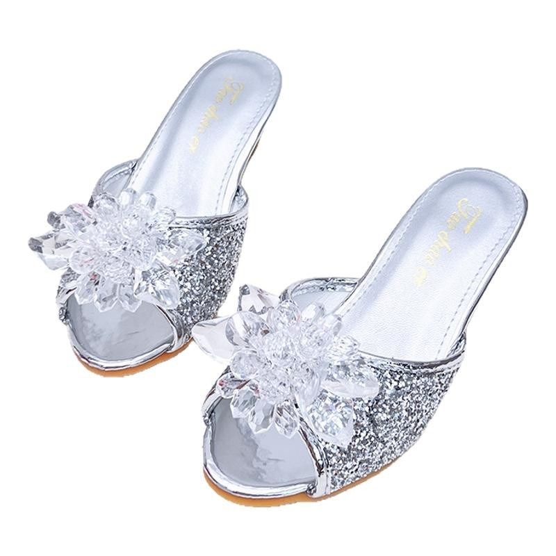 夏季新款拖鞋女童公主风银色灰姑娘水晶鞋儿童外穿百搭洋气高跟鞋,淘宝优惠券,粉丝福利购,淘宝优惠卷