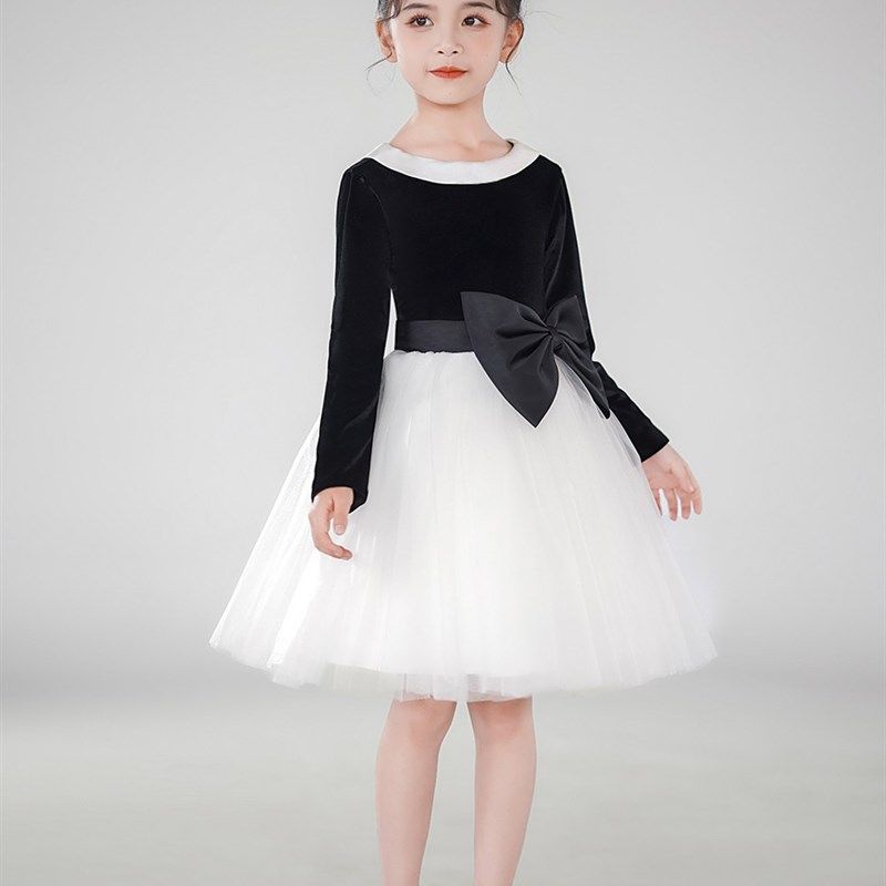 女童秋冬丝绒网纱公主裙圣诞节钢琴演出服黑白拼色合唱团比赛礼服,淘宝优惠券,粉丝福利购,淘宝优惠卷