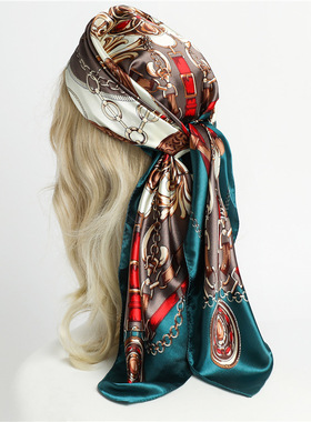 satin scarf 色丁丝巾女链条洋气围巾拼色披肩防晒头巾方巾90cm