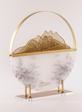 轻奢新中式铁艺假山样板间书房玄关柜摆件办公桌博古架高端装饰品