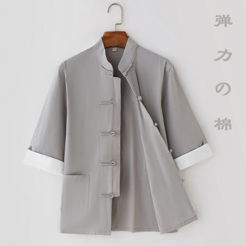 夏季七分袖男唐装男中袖上衣中国风弹力棉七分袖衬衫中式盘扣休闲,淘宝优惠券,粉丝福利购,淘宝优惠卷