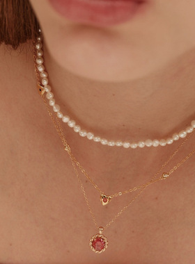 塞纳河之心S925银镀18K金红色爱心项链女设计感时髦气质锁骨链