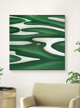 抽象绿色高端手绘油画轻奢现代客厅餐厅装饰画艺术感玄关方形挂画