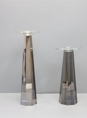 新中式烟灰色水晶烛台摆件样板房售楼部卧室书房客厅桌面软装饰品