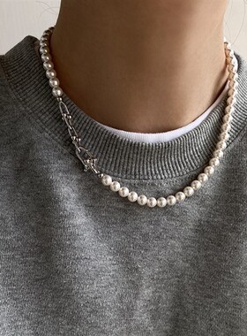 链条金属珍珠项链女高级感小众复古个性简约百搭气质颈链锁骨链