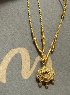 手工编织女锁骨链细款小金锁编绳金吊坠配绳黄金平安锁包项链挂绳
