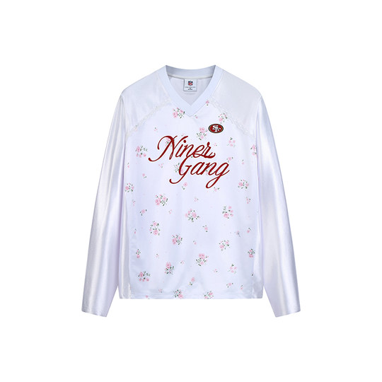 NFL美橄超级碗49人队长袖T恤 美式复古蕾丝花边印花宽松V领球衣女