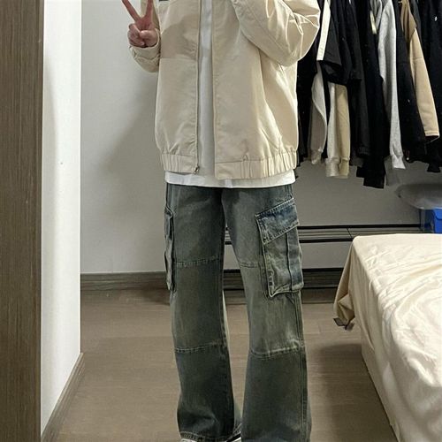 日系冲锋a衣外套男生秋季工装夹克上衣男款宽松牛仔裤2024新款套 - 图0