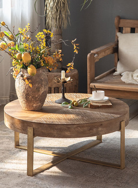 侘寂风客厅d沙发实木茶几民宿复古做旧网红小圆桌小户型家居边角