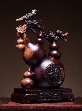 黑檀木雕五福临门摆件实木雕刻葫芦家居客厅酒柜玄关店铺开业乔迁