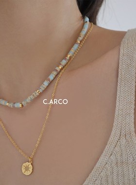 小众复古花纹石串珠彩色项链女 简约高级感法式度假风淡蓝锁骨链