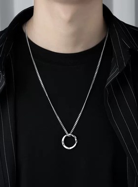 纯银项链男士潮牌圆环吊坠小众设计高级感百搭刻字挂坠送男友生日