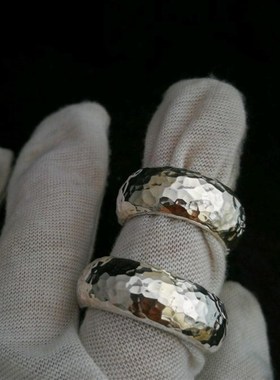 手工锤纹戒指 999纯银戒指男手工古法宽面陨坑情侣对戒刻字