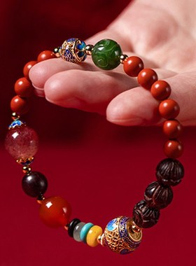 朱砂手链8毫米单圆DIY多宝模式的妇女草莓水晶小叶玫瑰木多宝手链