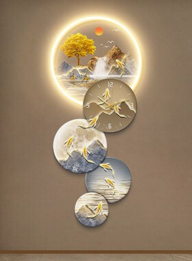 九鱼图挂钟入户玄关装饰画高端壁画走廊过道挂画正对门轻奢高级感