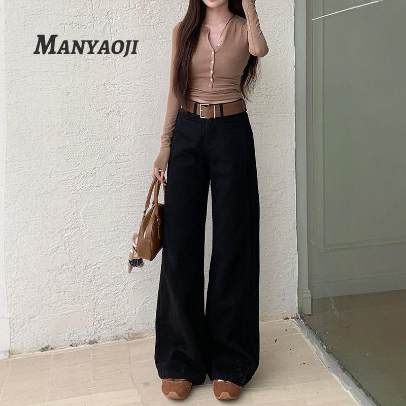 黑色百搭显高宽腰带阔腿牛仔裤女2026年冬季加绒高腰显瘦拖地长裤,淘宝优惠券,粉丝福利购,淘宝优惠卷