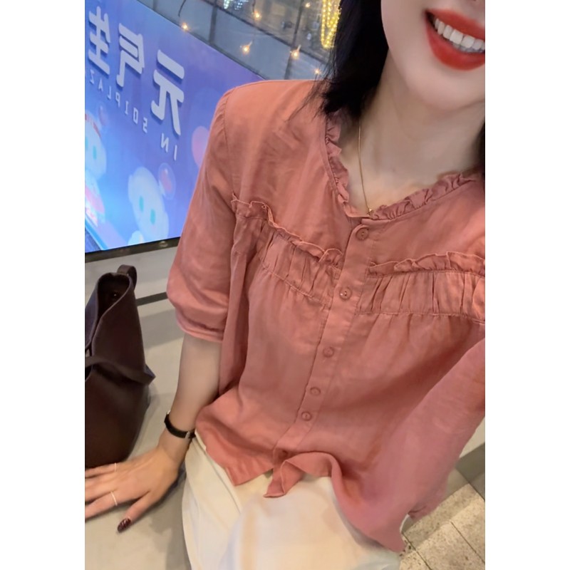 木耳边苎麻衬衫女夏季新款薄款时尚小衫袖宽松遮肉显瘦上衣25102 - 图1