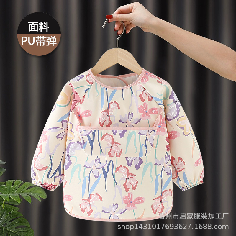 Children's clothing baby eating bib waterproof and dirty anti-dirty apron long-sleeved washing PU soft leather back-dressing baby clothing
