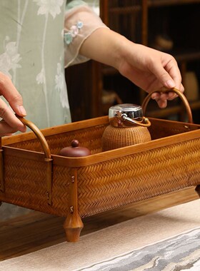竹编大漆筐提篮家用水果篮点心篮便携手提篮中式茶具收纳盒置物筐