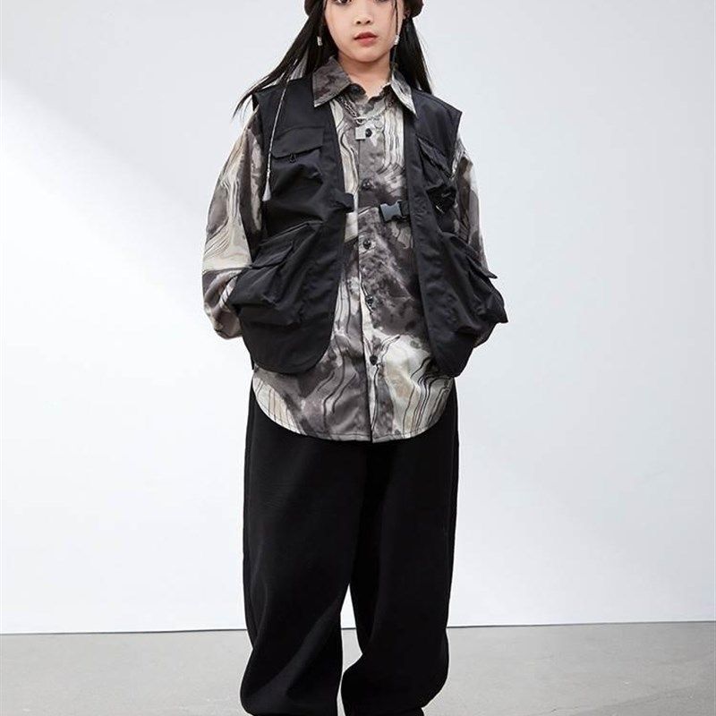 男女童潮酷街舞服机能多口袋马甲工装衬衫套装嘻哈少儿演出服套装,淘宝优惠券,粉丝福利购,淘宝优惠卷