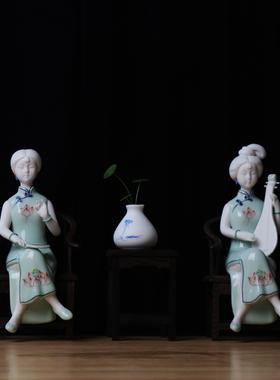 创意中式仿古精品纯手工陶瓷仕女工艺品家居客厅禅意人物软装摆件
