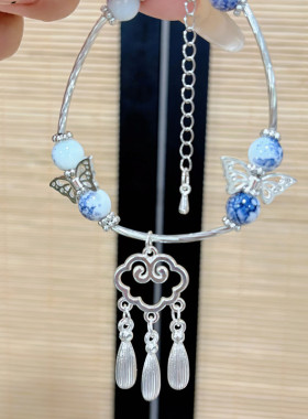 爆款青花瓷配色古风祥云流苏手链女小众设计新中式平安福牌