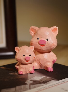 粉色小猪手工木雕小摆件卡通动物公仔可爱木质雕刻送孩子女生礼物