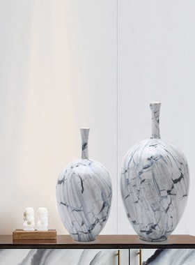 新中式创意大理石裂纹陶瓷花瓶摆件客厅窄口插花花器样板间软装饰