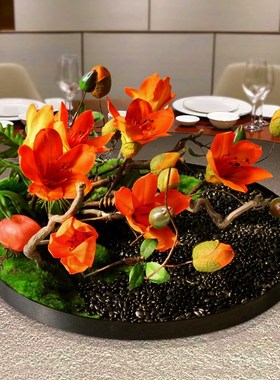 新中式餐桌转盘中间摆花高端酒店圆桌假花装饰品T景观造景氛围摆