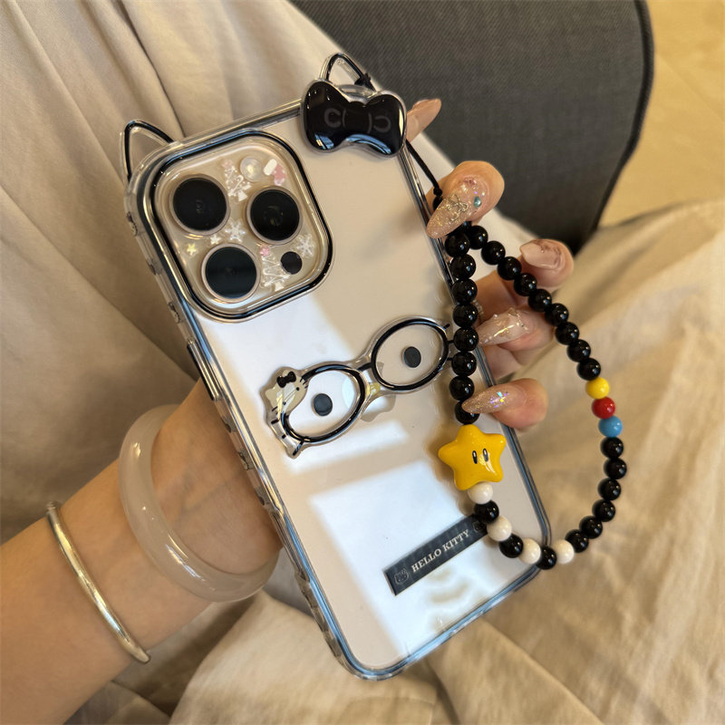 黑色长耳朵透明KT猫戴眼镜适用iPhone16promax手机壳新款苹果15pro创意磨砂14pro个性13pro可爱16pro防摔保护,淘宝优惠券,粉丝福利购,淘宝优惠卷