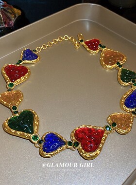 镶钻彩色褶皱爱心项链中古风宫A廷复古高级感锁骨链新款小众项饰