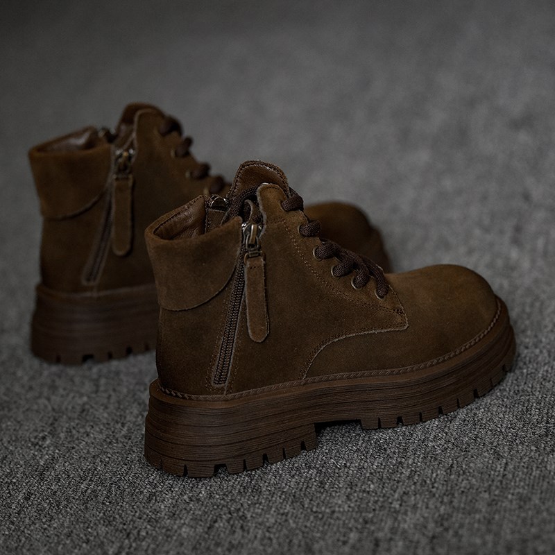 圆头短靴女厚底小个子中跟秋冬靴B子女系带马丁靴女粗跟复古女靴 - 图2