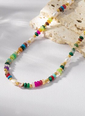 2024复古小众撞色天然彩石串珠设计手链淡水珍R珠项链女叠戴锁骨