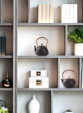 新中式茶室博古架茶壶茶具铁壶摆件售楼处样板间书房书柜软装饰品