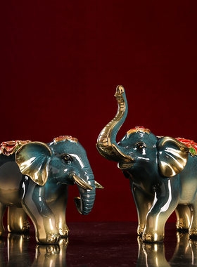 纯铜招财玫瑰大象摆件一对客厅电视柜H装饰办公室开业乔迁新居礼