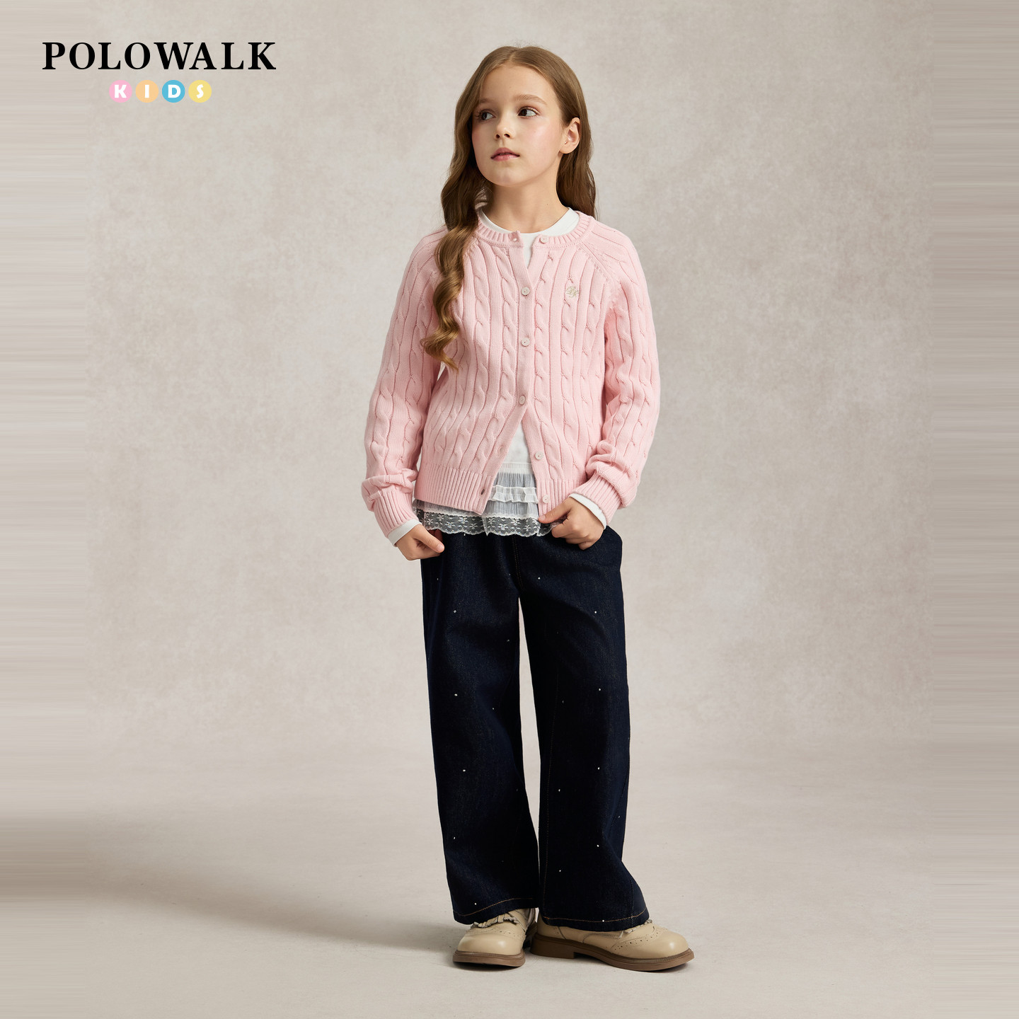 POLOWALK女童绞花针织开衫早秋外套线衫