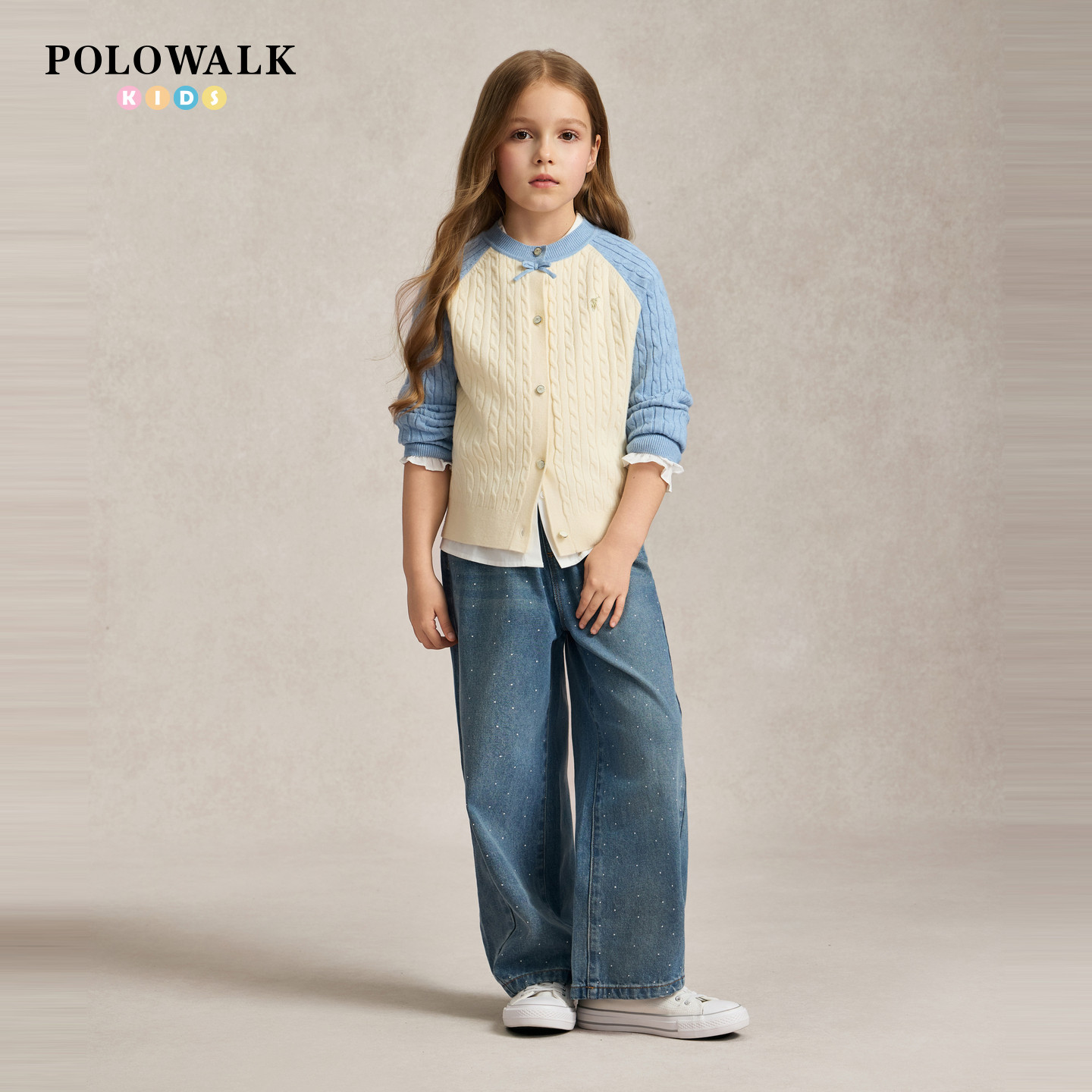 POLOWALK女童撞色拼接针织开衫