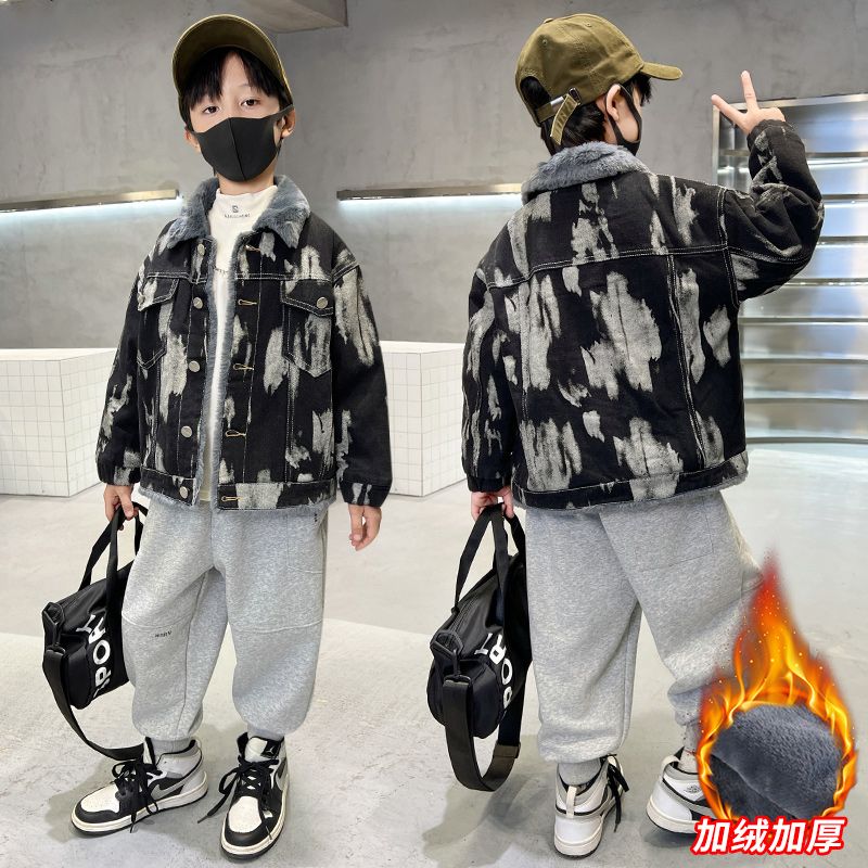韩版男童加绒外套2025新款洋气秋冬装夹棉袄儿童宝宝加厚牛仔上衣 - 图0